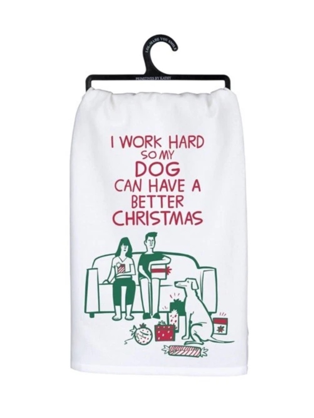 Holiday Dog Kitchen Towel - White with Red & Green